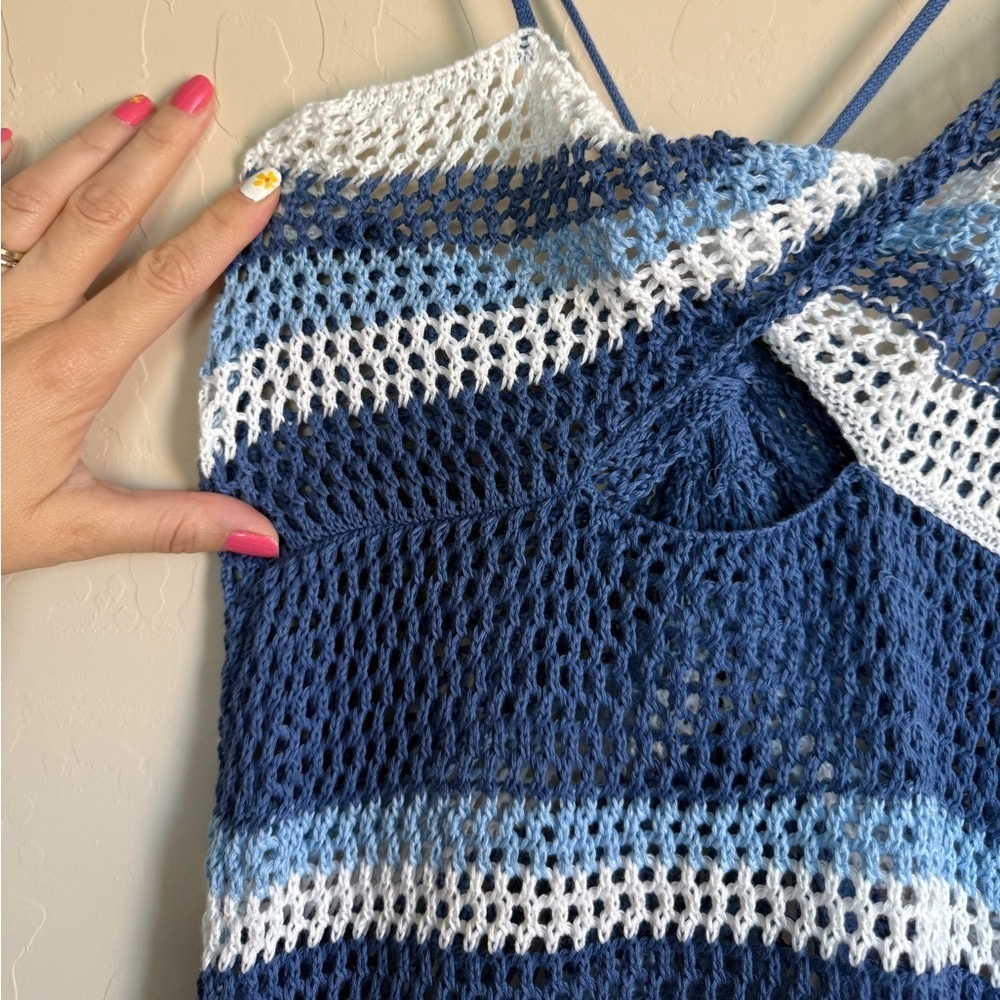 Crochet swim cover blue white striped nautical coastal beach Medium Women’s - Picture 4 of 10